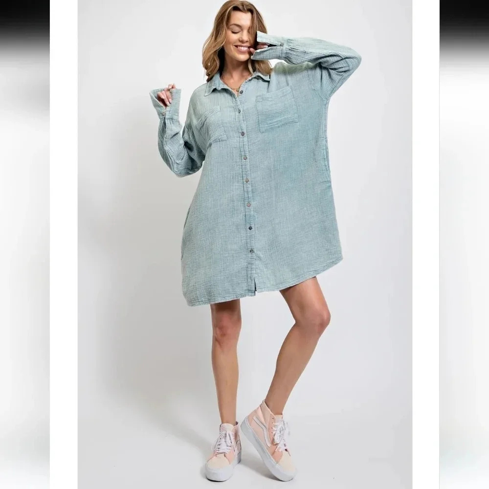 New! Easel Mineral Washed Relaxed Fit Blue Shirt Dress - Picture 7 of 7